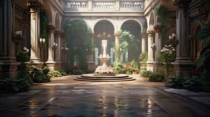 The courtyard of the cathedral de mallorca. AI generated art illustration.