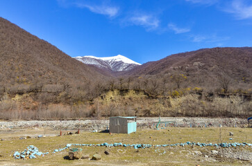 Mount Khmala scenic view from Aragvi river valley and Georgian Military road (Dusheti municipality, Georgia)