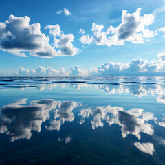 Fototapeta premium Blue sky and white clouds reflecting on the surface of a calm sea.