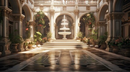 Naklejka premium The courtyard of the cathedral de mallorca. AI generated art illustration.