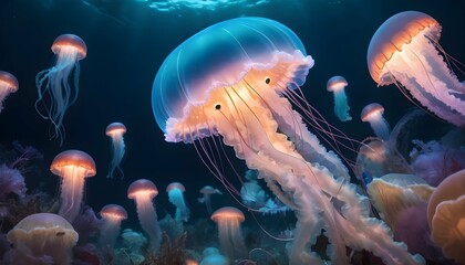 A Jellyfish In A Sea Of Glowing Ocean Creatures Upscaled 7