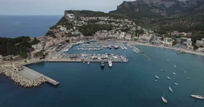 Boats In Marina At Port Soller In Mallorca, Spain. Drone Shot