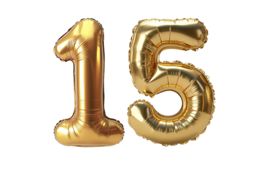 Numeral "15" Foil balloon png. number fifteen isolated transparent. Foil "15" number png .3D "15" Number Balloon png.for Advertising Design.For Weddings greeting.