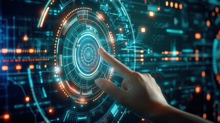 Tech background Innovative businessman pointing icon with digital technologies.