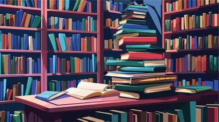 Stack of books on table in library Vector illustration