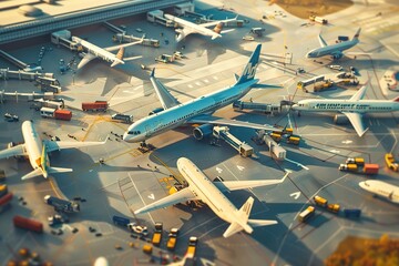 Aerial view of Tom Bradley International Terminal concourse at LAX airport. Busy passengers concourse with aircraft from airlines from around the world.