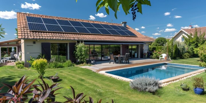 Modern Eco-Friendly Home with Solar Panels and Swimming Pool in Suburban Neighborhood