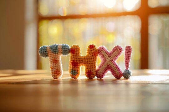 Colorful Knitted "THX" Letters on Wooden Table in Warm Light