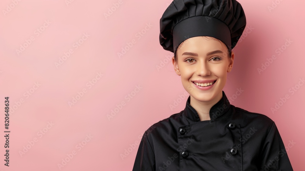 Poster smiling female chef portrait on pastel background with ample space for text placement