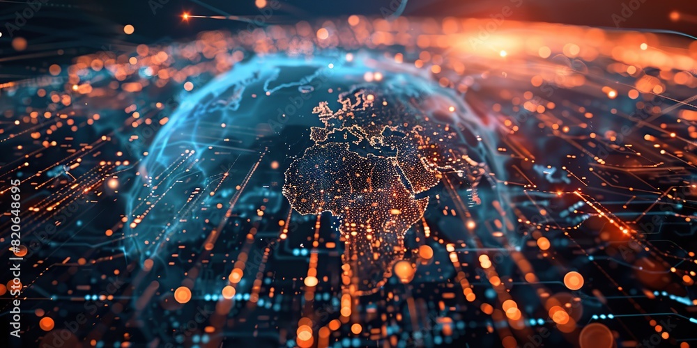 Poster abstract holographic globe surrounded by digital data streams, global connectivity on the background