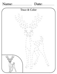 Deer Printable Activity Page for Kids. Educational Resources for School for Kids. Kids Activity Worksheet. Trace and Color the Shape