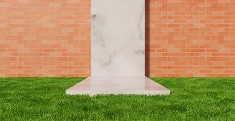 Fototapeta premium Marble podium with brick background on grass