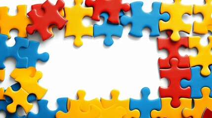 Colorful Jigsaw Puzzle Pieces Forming Frame with Copy space on White Background