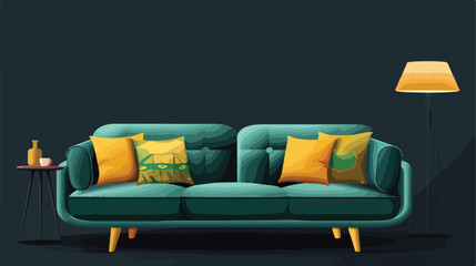 Stylish green sofa with cushions and lamp on black background