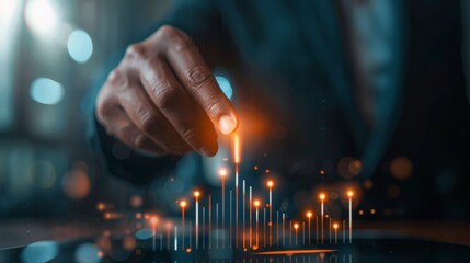 Businessman using digital interface for data analysis and financial growth. Technology, innovation, data visualization, finance, and business growth are key elements in this futuristic scenario