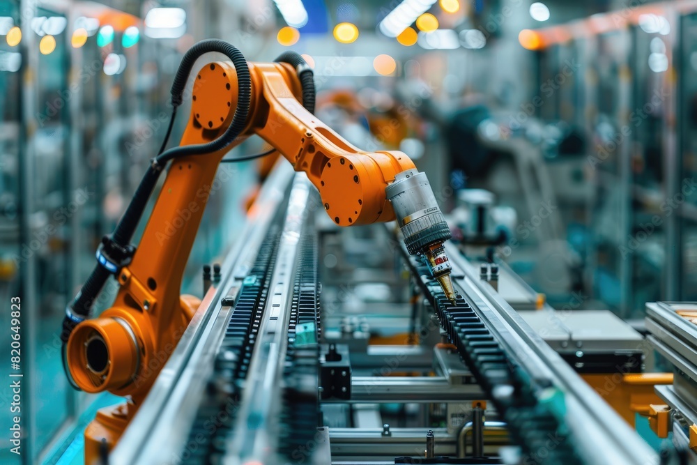 Leinwandbilder robotic arm for electronic assembly line. smart modern factory automation using advanced machines.