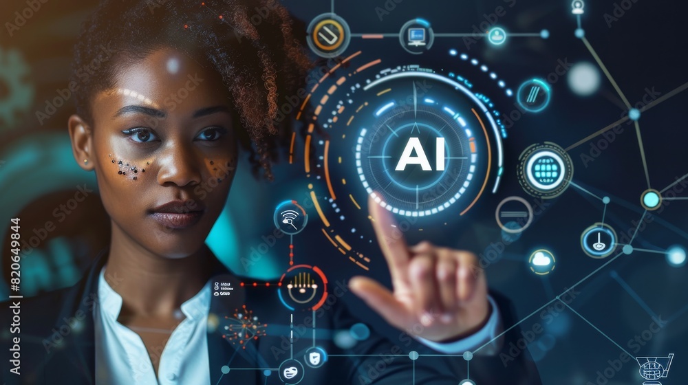 Poster a futuristic technology interface concept showcasing ai integration where a businesswoman interacts 