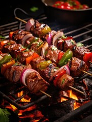 Skewers of meat on the grill with onions and peppers. Generative AI