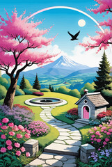a painting of a garden with a bird flying over it
