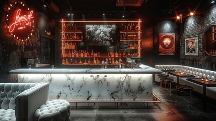 A stylish bar with EDM music, cool posters, and a trendy atmosphere. The room features a black and...