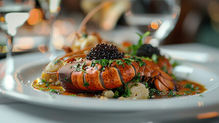 High-end restaurant dishes close-up Western food lobster caviar