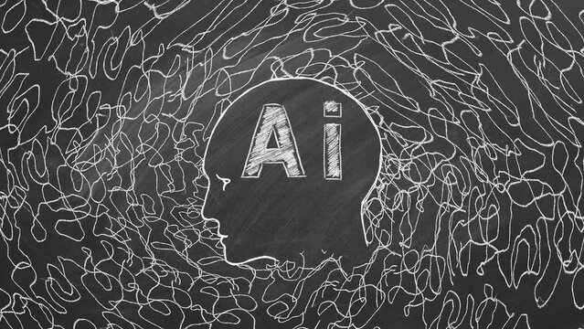 A silhouette of a human head with AI inscribed, surrounded by intricate white chalk patterns on a blackboard, symbolizing neural networks and artificial intelligence complexity.