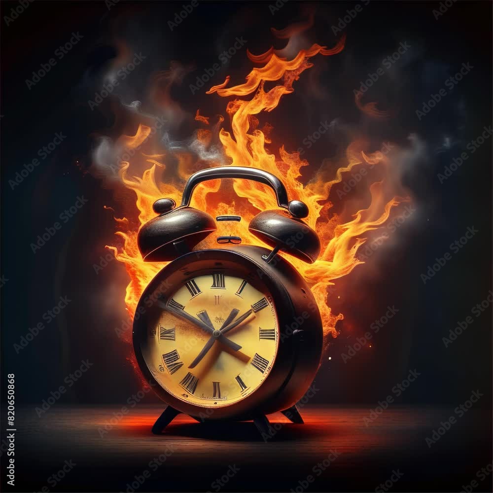 Aufkleber conceptual artwork of an alarm clock engulfed in flames, symbolizing urgency and passing time.. ai g