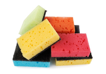 Several multi-colored dishwashing sponges isolated on a white background. Household sponges scattered on white.
