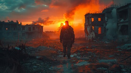 Fototapeta premium A SUITTED UP MAN IN A POST APOCALYPTIC WORLD, CINEMATIC LIGHTING, 4K,CINEMATIC LOOK, HIGHLY DETAILED