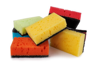 Several multi-colored dishwashing sponges isolated on a white background. Household sponges scattered on white.