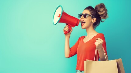 A youthful and modern woman is happily holding a megaphone and shopping bags against a vibrant mint background. The image represents enthusiasm, sales, marketing, and retail shopping