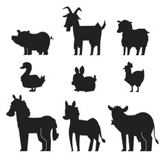 Farm animals black silhouettes vector set isolated on a white background.