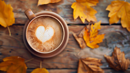 Steaming coffee cup with a heart shaped foam design surrounded by fallen autumn leaves on a rustic wooden table, Concept of fall season, cozy, and autumnal ambiance.
