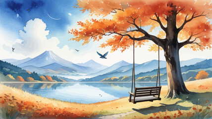a painting of a tree with a swing in front of a lake
