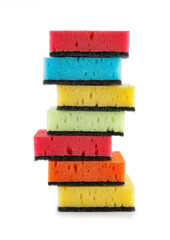 Several household sponges isolated on a white background. Stack of sponges for washing dishes.
