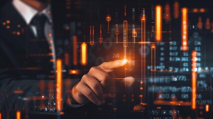 Discover innovative technologies such as holographic interfaces, digital analytics, and financial insights for advanced tech interaction with a businessman in the futuristic world of innovation