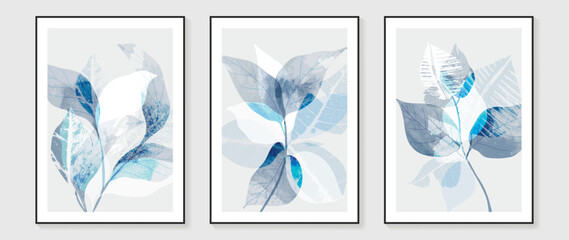 Vintage style foliage wall art template. Collection of hand drawn leaves with blue watercolor texture, leaves branch. Botanical poster set for wall decoration, interior, wallpaper, banner.