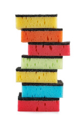 Several household sponges isolated on a white background. Stack of sponges for washing dishes.