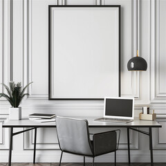 Fototapeta premium Mock Up Poster Frame on the wall in minimalist interior office room with desk table, luxury interior, 3d interior illustration