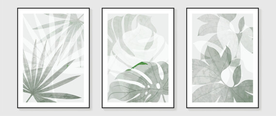 Vintage style foliage wall art template. Collection of hand drawn leaves with green watercolor texture, leaf branch, monstera. Botanical poster set for wall decoration, interior, wallpaper, banner.
