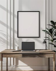 Mock Up Poster Frame on the wall in minimalist interior office room with desk table, luxury interior, 3d interior illustration