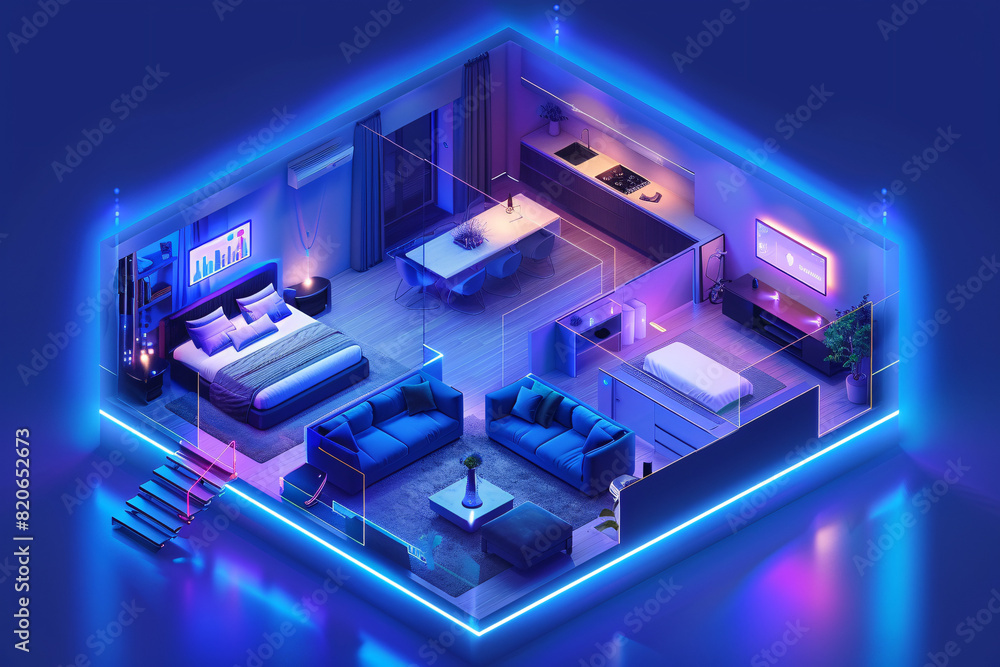 Poster a futuristic smart home interior featuring ai-augmented reality interfaces, with holographic display