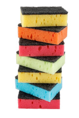Several household sponges isolated on a white background. Stack of sponges for washing dishes.