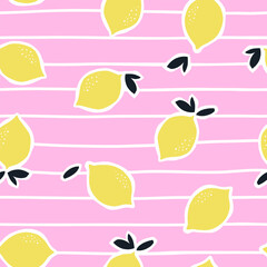 Summer seamless pattern with lemons and leaves. Fruit repeated background. 