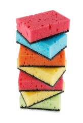 Several household sponges isolated on a white background. Stack of sponges for washing dishes.