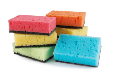 Several colored dishwashing sponges isolated on a white background.