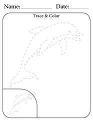 Dolphin Printable Activity Page for Kids. Educational Resources for School for Kids. Kids Activity Worksheet. Trace and Color the Shape