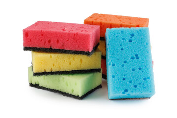 Several colored dishwashing sponges isolated on a white background.