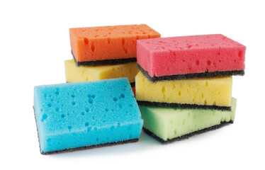 Several colored dishwashing sponges isolated on a white background.