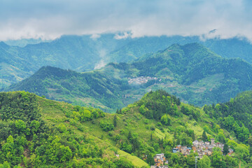 Shooting Beautiful Villages in High Mountain Canyon of Anhui Province, China from the Sky